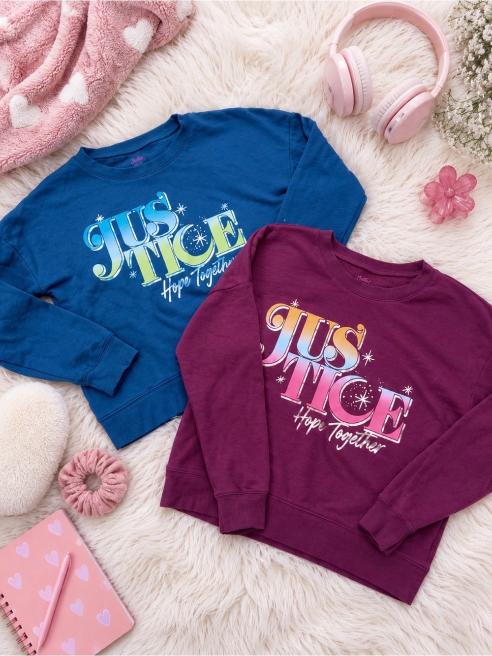 Justice Girls Graphic Sweatshirts in Blue & Plum